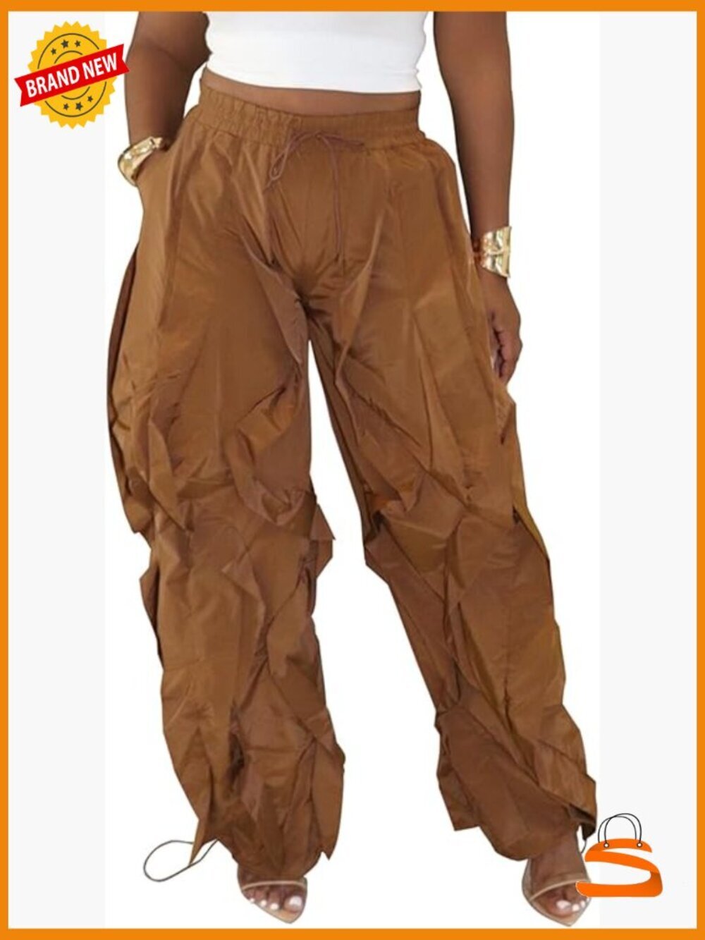 Baggy Ruffle Fringe Pants Drawstring Elastic Waist Barrel Lantern Parachute
